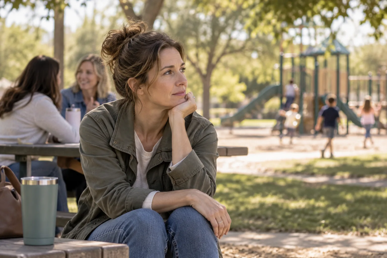 Woman sitting at a park while children play and other parents talk nearby.