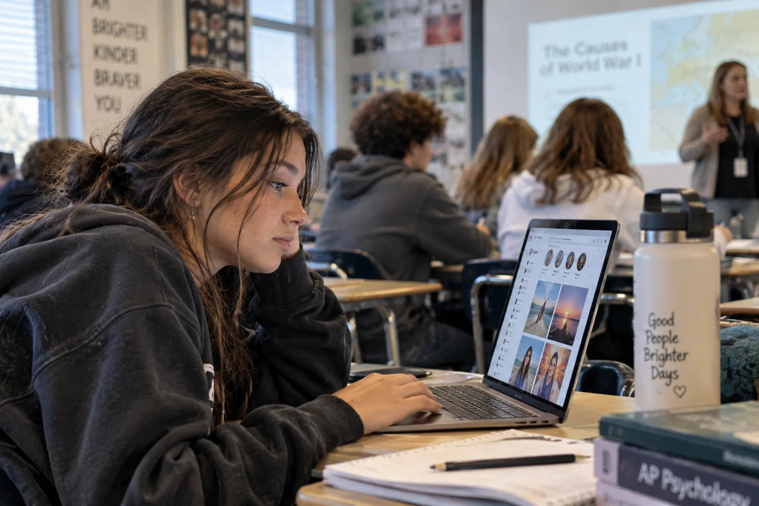 Teen student looking at social media on a laptop while class continues around her.